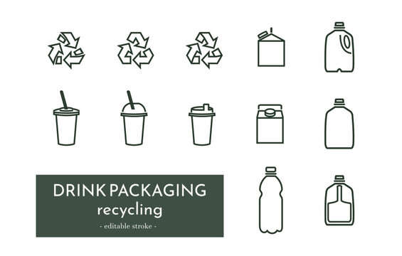 Drink packaging recycling pictogram set. 12 pieces. Outline icons. Beverage waste, recycling sign. Disposable bottle, cup, carton, gallon. Editable stroke. Zero waste concept. Responsible living