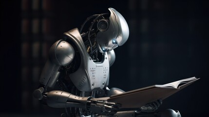 Fototapeta na wymiar Robot is reading book. Generative AI
