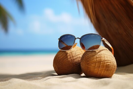 stock photo of a pair of sunglasses and a coconut on the beach photography Generative AI