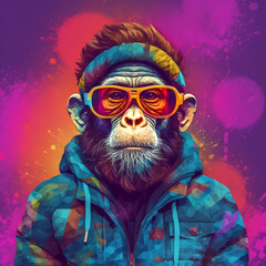 Colourful abstract digital art image depicting a monkey dressed like a hipster. Generated AI