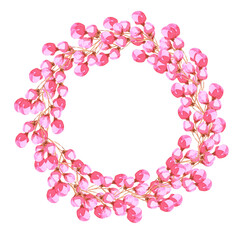 Hand drawn watercolor pink cherry buds boarder on white background. Scrapbook, post card, wedding invitation, album.