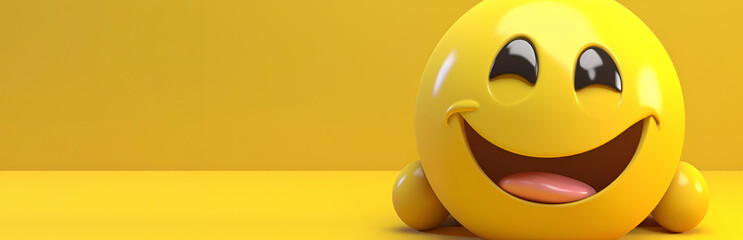 Yellow cheerful smiley 3d quality on a yellow gradient background. Smiling emoji banner. Yellow face emoji illustration. Popular chat elements. AI generated