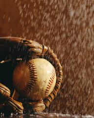 Rain weather game delay concept for baseball with ball and glove in water.