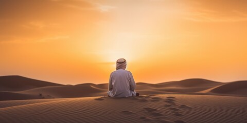 Fototapeta na wymiar Arabic man with traditional emirates clothes sitting on kness in the UAE desert. Sunset time.