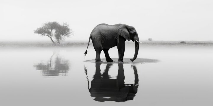 Fine art, black and white, panoramic photo of an african elephants, standing on the bank of river.