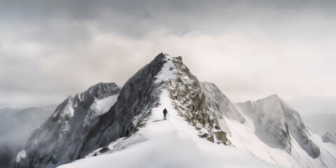 Panorama of Mountaineer standing on top of snowy mountain range - obrazy, fototapety, plakaty
