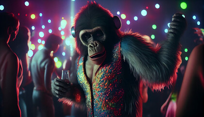 Lion wearing stylish dress and dancing at the disco Ai generated image