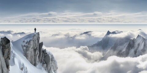 Fototapeta na wymiar Panorama of Mountaineer standing on top of snowy mountain range