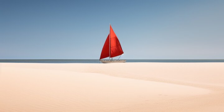 Sailing boat with red sail on a beach of deserted tropical island