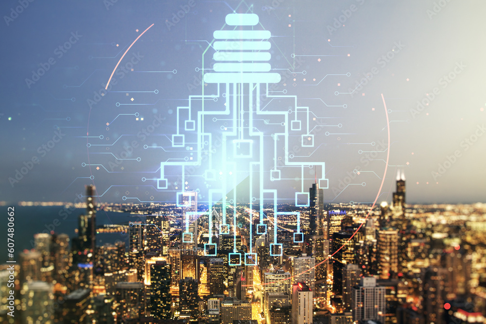 Poster virtual creative idea concept with light bulb and microcircuit illustration on chicago skyline backg
