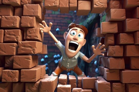 Cartoon Man Breaking through a Brick Wall (Generative AI)