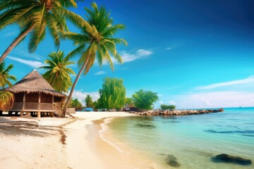 Fototapeta na wymiar stock photo of beach with coconut tree and beach inn photography Generative AI