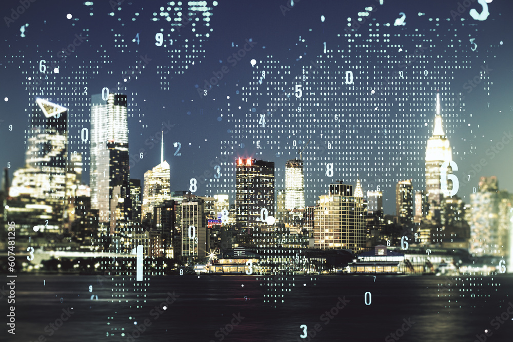 Aufkleber multi exposure of abstract graphic coding sketch and world map on manhattan cityscape background, bi