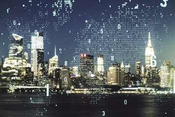 Multi exposure of abstract graphic coding sketch and world map on Manhattan cityscape background, big data and networking concept