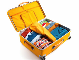 Open yellow suitcase with multicolored clothes isolated on a white background