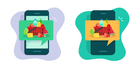 Grocery online food products order shop delivery vector icon graphic illustration flat cartoon on cell phone smartphone app, cellphone supermarket store application clipart image modern design