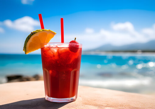 red tropical mocktail drink cocktail on the beach at a beautiful sunny day at the ocean on hawaii beach