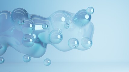 3d Water Blob floating in the air. Zero gravity liquid form of pure spheres in light blue colors. Glossy texture abstract fantasy backdrop for presentation. Purified water drops form a glob