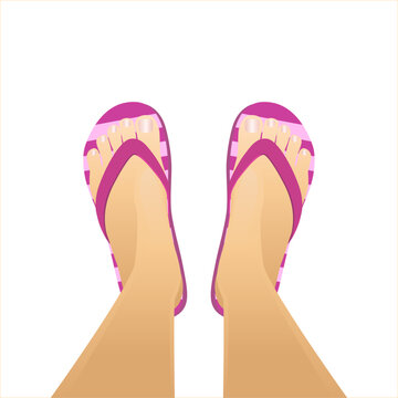 Cute hand drawn slippers. Slender well-groomed female legs in flip-flops on a white background. Holidays at the resort. The pink summer sandals. Rest on the sea