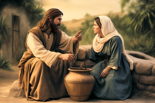 Jesus speaking to the Samaritan woman next to the well giving hope for eternal life Generative AI Illustration