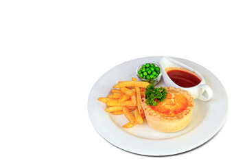 Steak & kidney pie with puff-pastry top and French fries