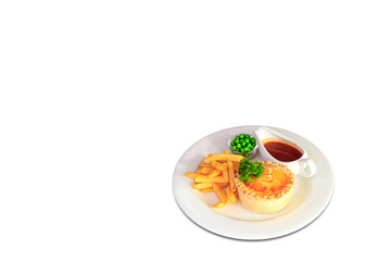 Steak & kidney pie with puff-pastry top and French fries
