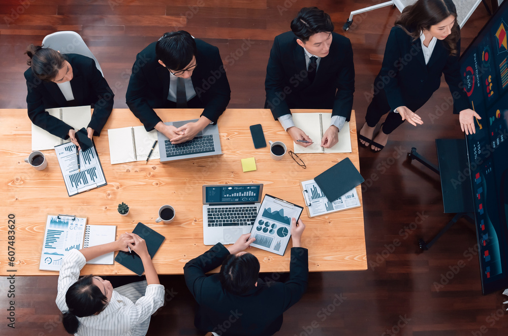 Poster top view manager or office worker give presentation in harmony conference room to business colleague