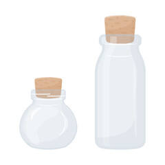 Two empty glass containers in flat style. Vector illustration of jar and bottle with corks isolated