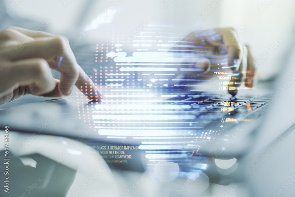 Poster double exposure of abstract programming language hologram with world map and hands typing on laptop 