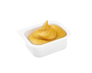 mustard sauce in a plastic container on a transparent background