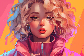 Obraz premium Illustration of an influencer in anime style. Avatar or character, fictional image, horizontal.