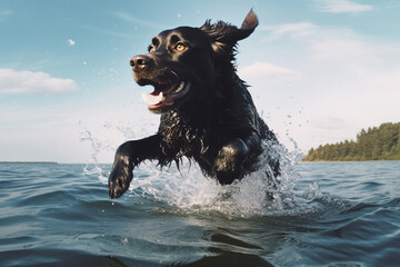 Pure bliss of a happy dog as it joyfully leaps into the water, creating a splash of excitement. Ai generated