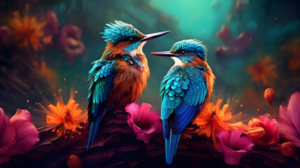 two colorful birds sitting on some flowers.