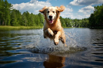Pure bliss of a happy dog as it joyfully leaps into the water, creating a splash of excitement. Ai generated