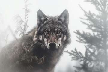 Head of a wolf emerging from the depths of a foggy forest, exuding an aura of mystery and strength. Ai generated