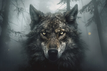 Head of a wolf emerging from the depths of a foggy forest, exuding an aura of mystery and strength. Ai generated
