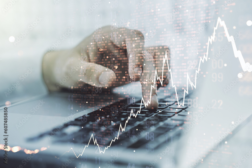 Poster double exposure of abstract creative financial chart with world map and with hands typing on compute