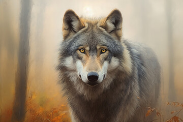 Obraz premium Head of a wolf emerging from the depths of a foggy forest, exuding an aura of mystery and strength. Ai generated