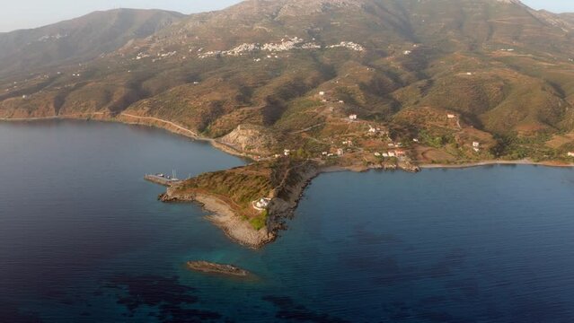 4k drone forward video (Ultra High Definition) of Agia Paraskevi Church. Marvelous evening scene of Peloponnese peninsula, Greece, Europe. Spectacular summer seascape of Ionian sea.