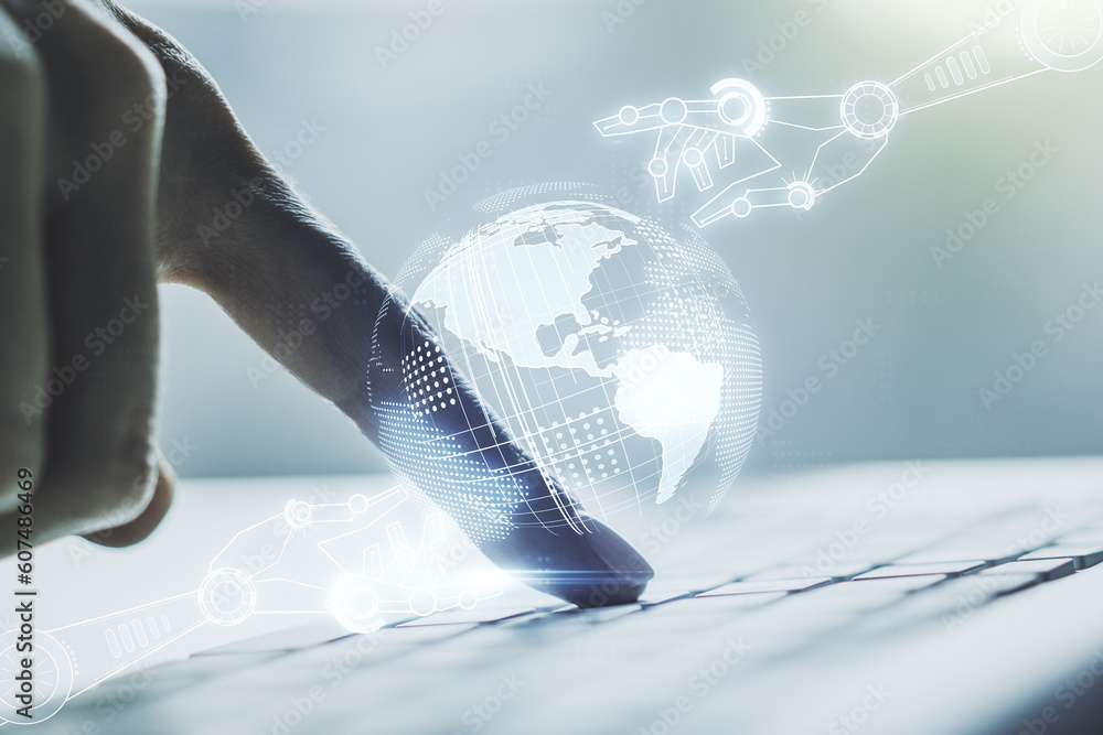 Aufkleber creative abstract robotics technology hologram with globe and hands typing on computer keyboard on b