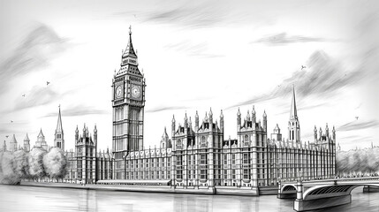 Big Ben, the Palace of Westminster in London, UK, Drawing
