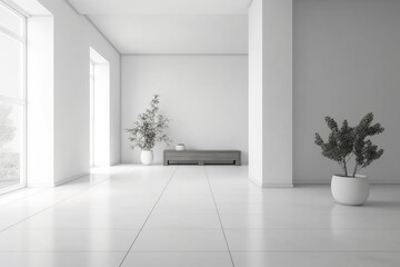 Modern minimalist interior with big empty white wall,created with generative AI