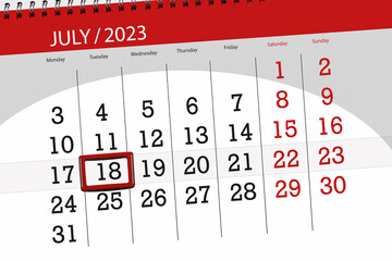 Calendar 2023, deadline, day, month, page, organizer, date, July, tuesday, number 18