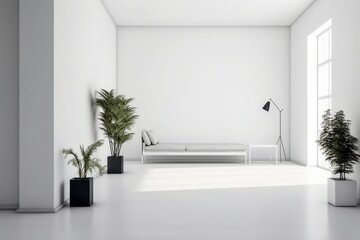 Modern minimalist interior with big empty white wall,created with generative AI