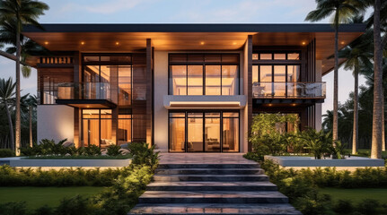 A large modern home with a large front porch and a balcony