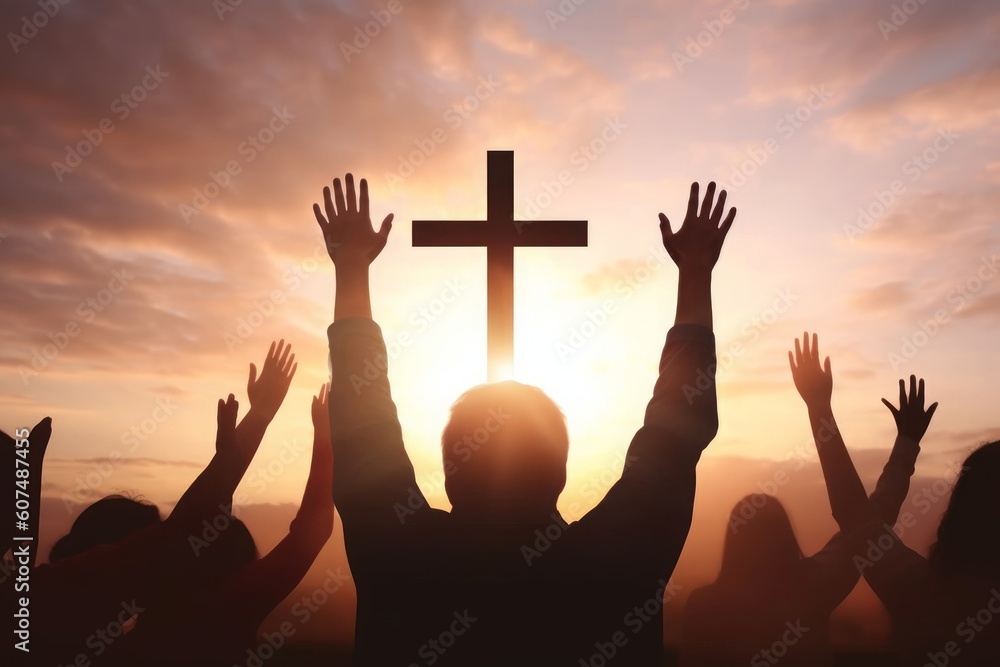 Wall mural Christian  raising hands in praise worship and prayer to god with White cross at sunrise, Generative AI