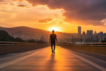Fototapeta na wymiar Skater gracefully gliding through the city streets against a breathtaking sunset backdrop. Ai generated
