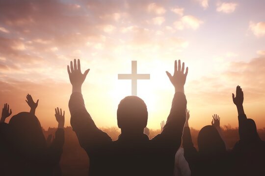 Christian  raising hands in praise worship and prayer to god with White cross at sunrise, Generative AI
