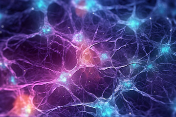 Fototapeta premium Close-up view of a vibrant neuron, intricately woven with its dendrites extending and intertwining with other neurons. Ai generated