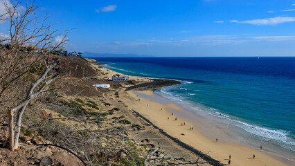Panoramic View of Sandy Beach and Turquoise Blue Sea from a Mountain in Esquinzo, Fuerteventura